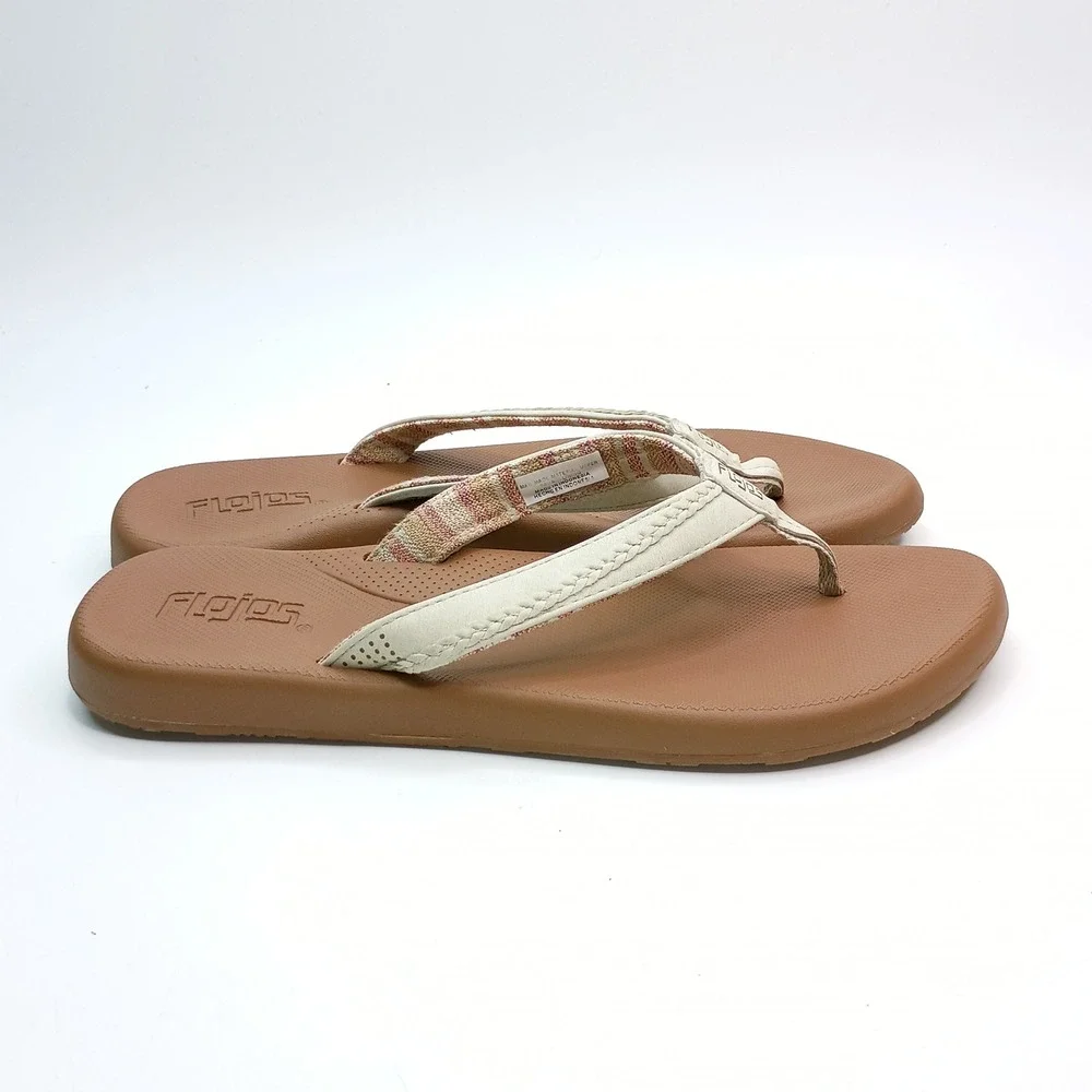 Flojos Fiesta Flip Flop Sandals Women Size 7 Tan Cream Woven Fabric Lining